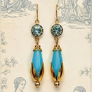 Victorian  Sky Blue Flower Swarovski Crystal & Glass In Gold Plated Earrings